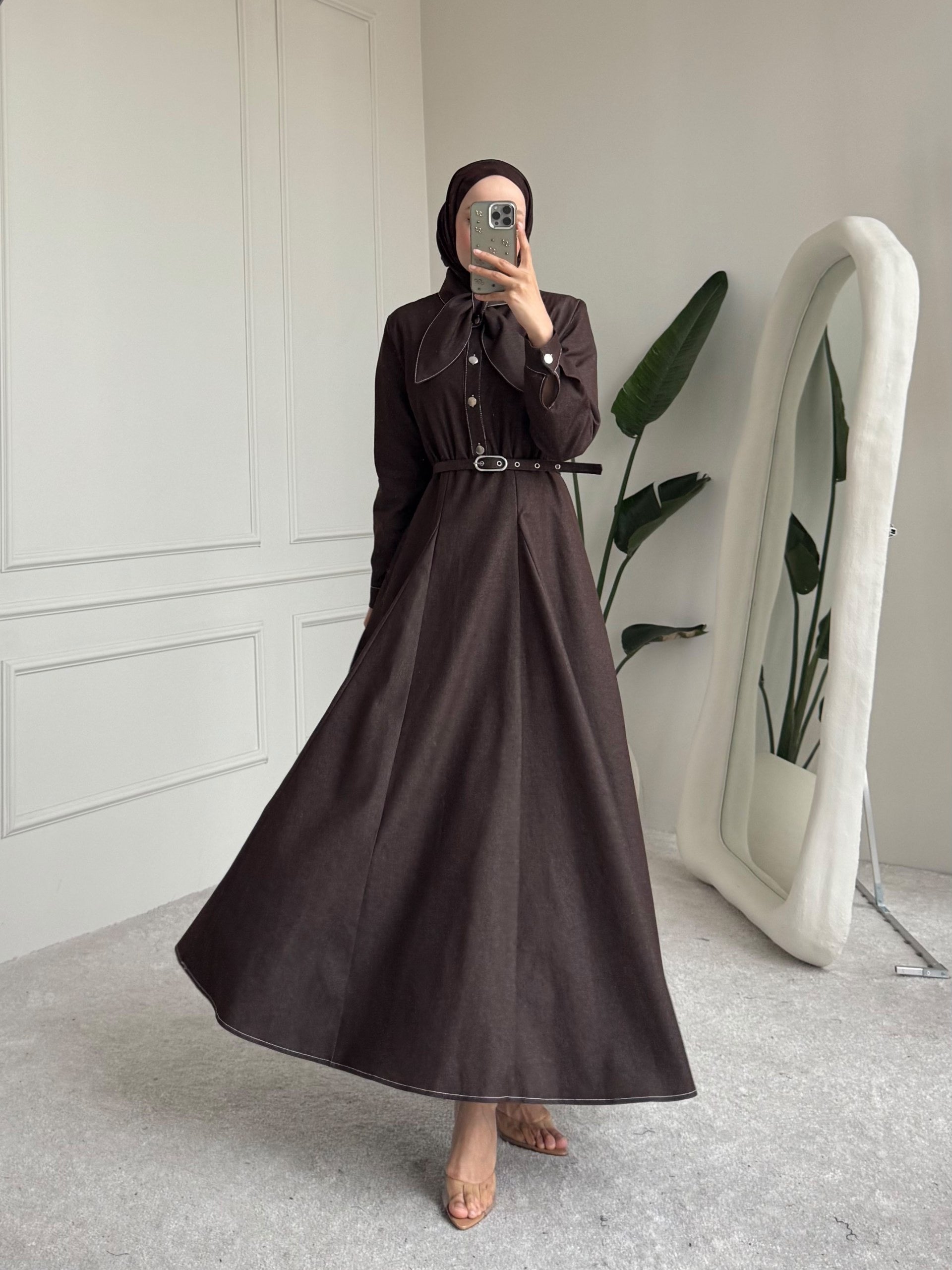 Brown Denim Belted Maxi Dress