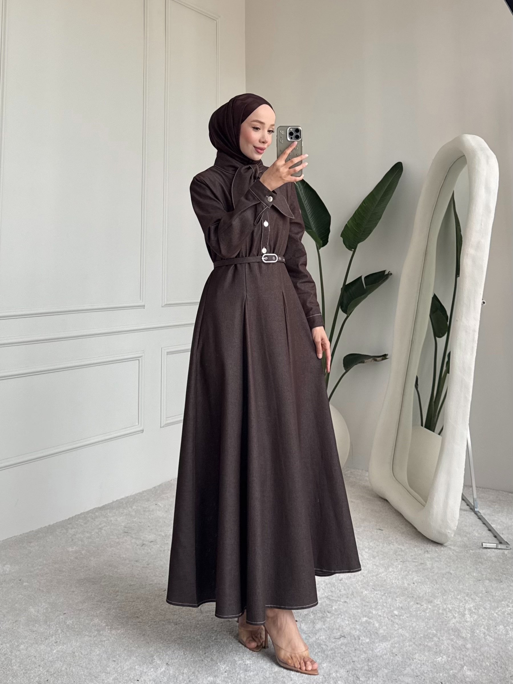 Brown Denim Belted Maxi Dress