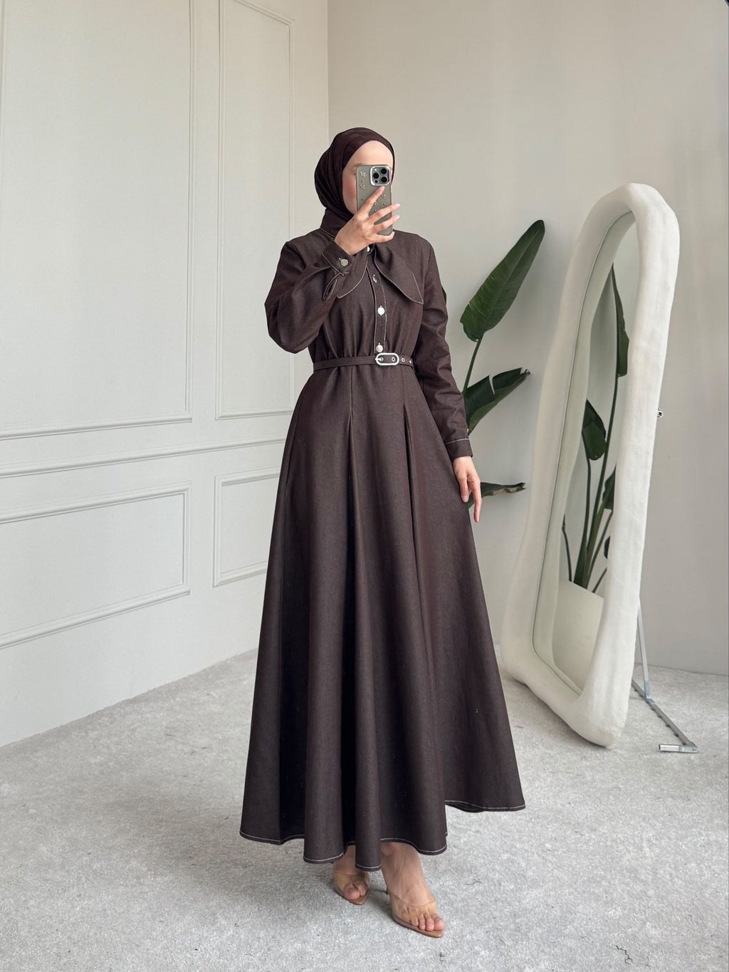 Brown Denim Belted Maxi Dress