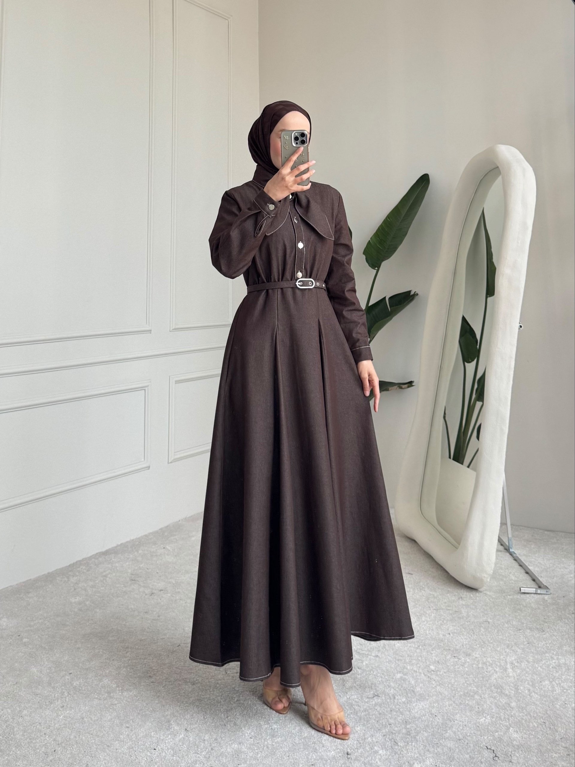 Brown Denim Belted Maxi Dress