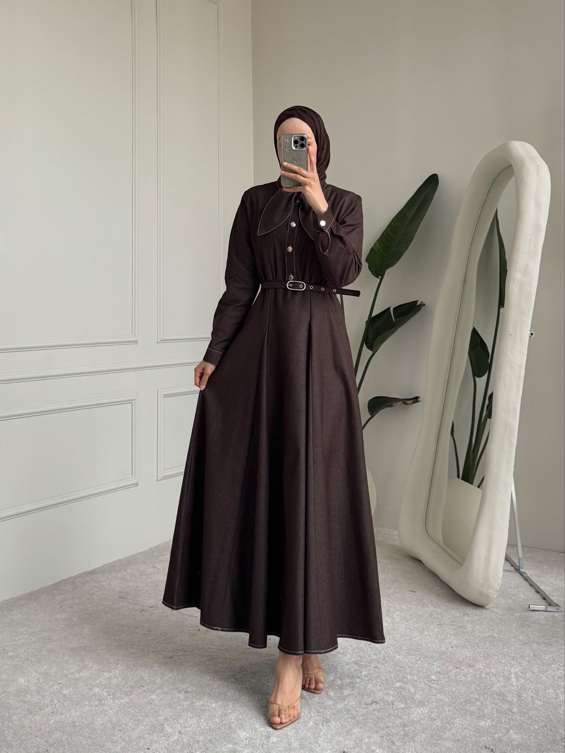 Brown Denim Belted Maxi Dress