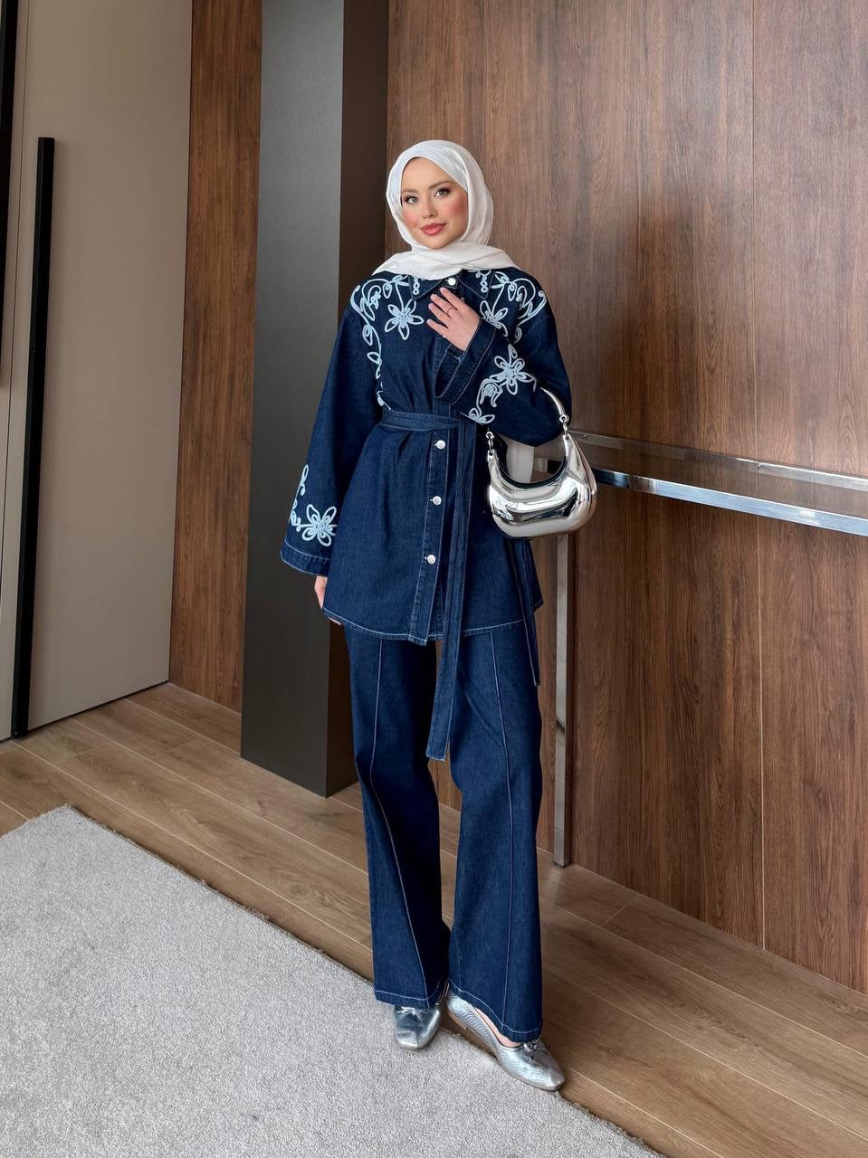 Embroidered Denim Belted Set