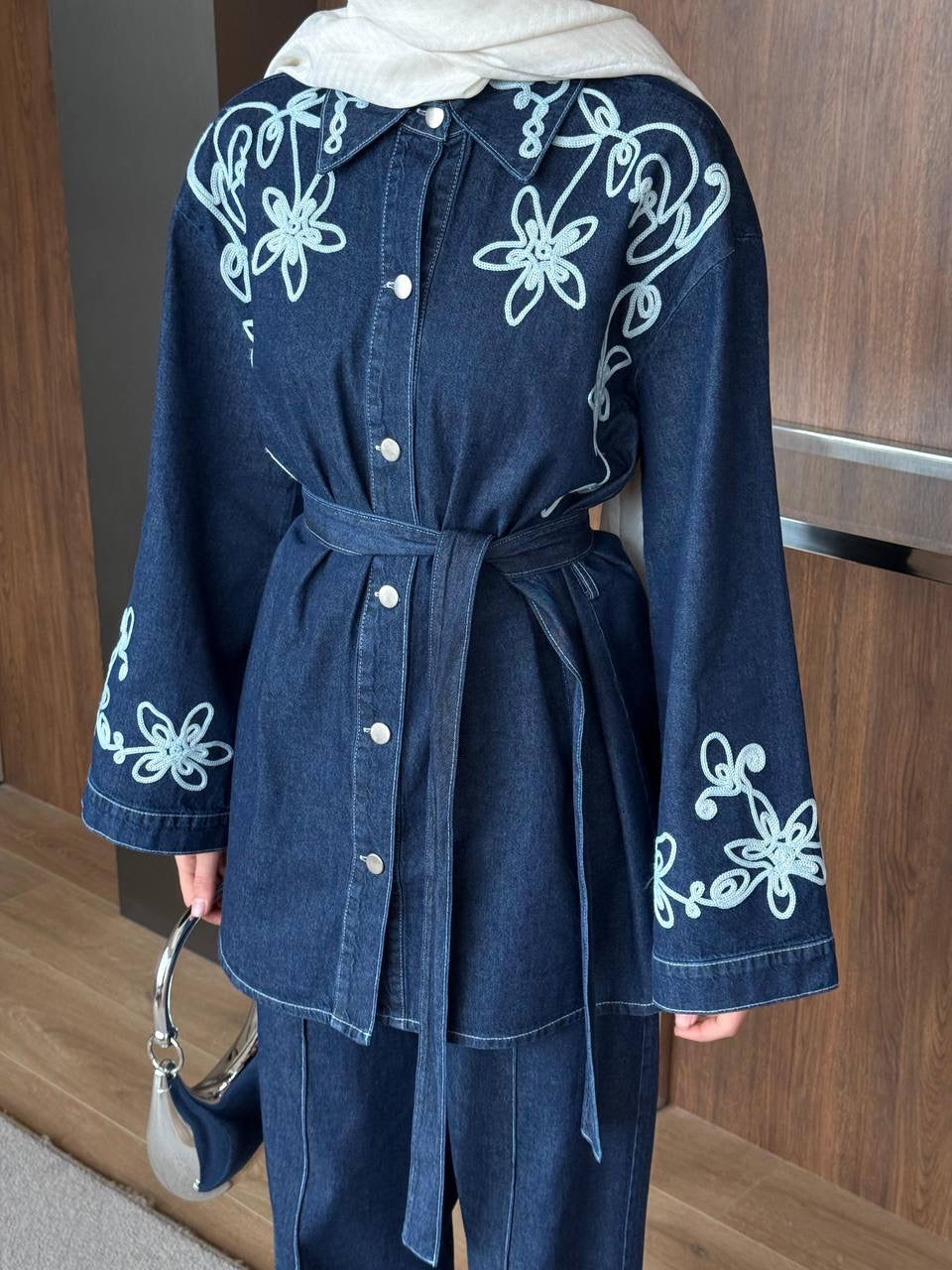 Embroidered Denim Belted Set